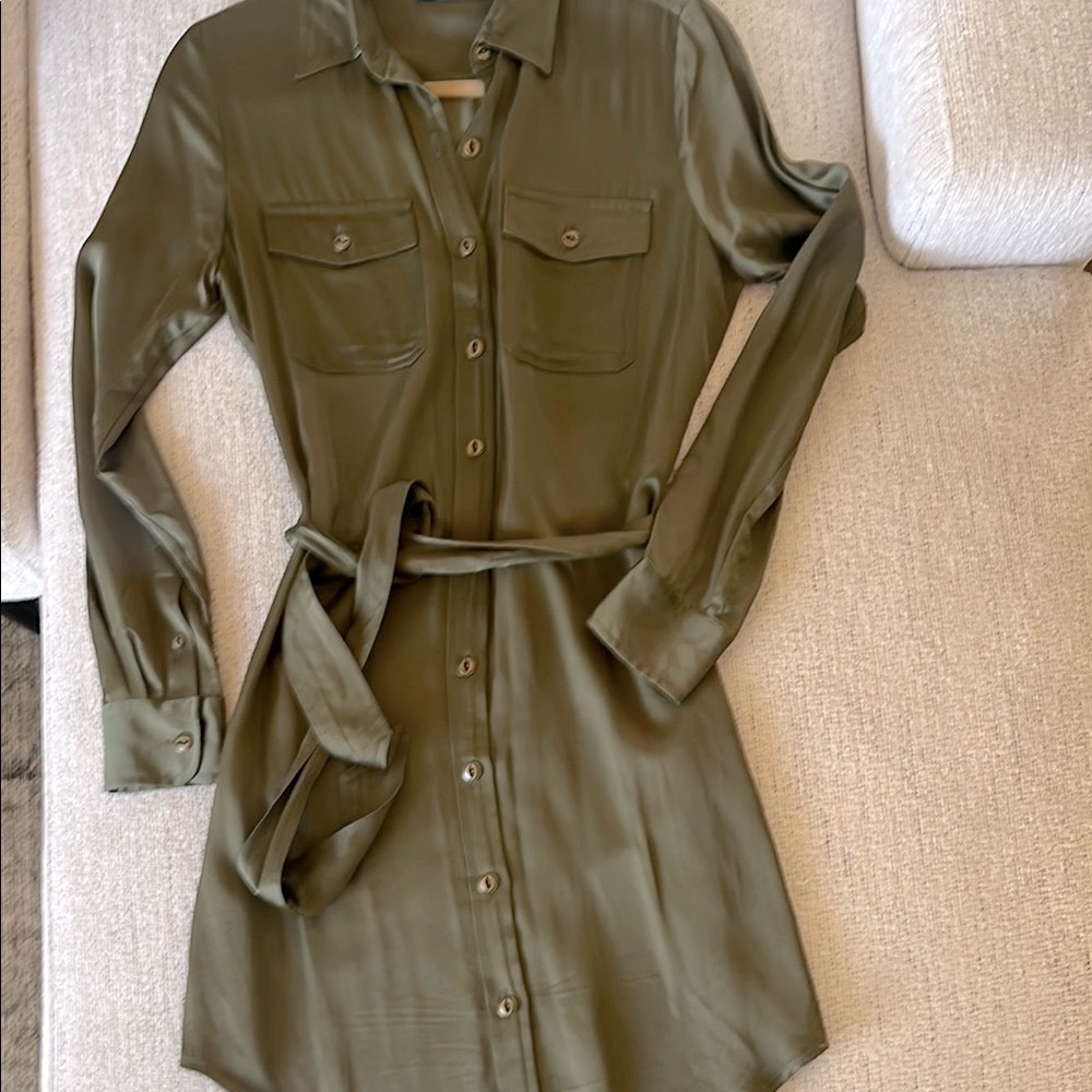 Lauren Ralph Lauren Khaki Button-Up Shirt Dress With Tie-Waist Sz 2